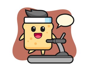 Bread cartoon character walking on the treadmill
