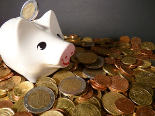 Ein Sparschwein auf einem Berg verschiedener Euro-Münzen.
