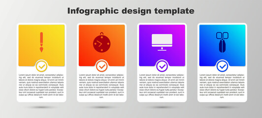 Set Paint brush, Clock, Computer monitor screen and Scissors. Business infographic template. Vector.