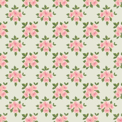 Pink rose bouquet seamless pattern on pastel green. Botanical illustration.