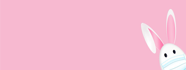 Easter egg in medical mask and Easter rabbit ears on a pink background.CORONAVIRUS EASTER Egg rabbit. Healthy, Safe and Happy Easter. Stay home stay safe. Banner. Copy Space for text