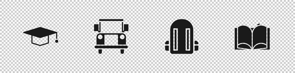 Set Graduation cap, School Bus, backpack and Open book icon. Vector.