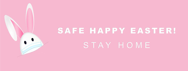 Easter egg in medical mask and Easter rabbit ears on a pink background.CORONAVIRUS EASTER Egg rabbit. Healthy, Safe and Happy Easter. Stay home stay safe. Banner.Happy Easter greetings.