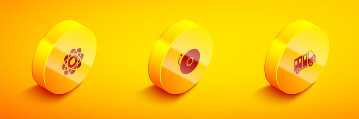 Set Isometric Atom, Ringing alarm bell and School Bus icon. Vector.