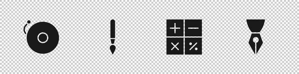 Fototapeta premium Set Ringing alarm bell, Paint brush, Calculator and Fountain pen nib icon. Vector.