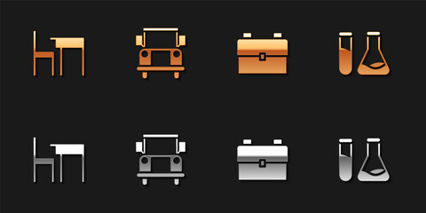 Set School table and chair, Bus, backpack and Test tube flask icon. Vector.
