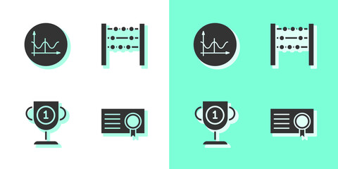 Set Certificate template, Graph, schedule, chart, diagram, Award cup and Abacus icon. Vector.