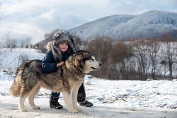 Little boy with husky dog in the snow forest. Alaskan or canada snow landscape. Winter kids. Theme Christmas holidays winter new year.