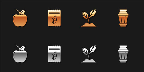 Set Apple, Pack full of seeds of plant, Plant and Garden light lamp icon. Vector.
