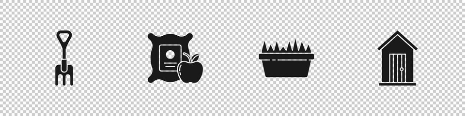 Set Garden rake, Apple in the sack, Fresh grass rectangular and Farm house icon. Vector.