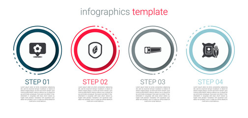Set Location with flower, Shield leaf, Hand saw and Corn in the sack. Business infographic template. Vector.