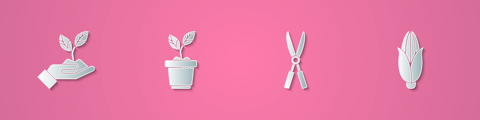 Set paper cut Plant in hand of environmental, pot, Gardening handmade scissors and Corn icon. Paper art style. Vector.
