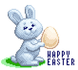 Vector pixel art cartoon Easter bunny with egg