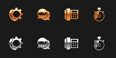 Set Telephone 24 hours support, Speech bubble with text Help, and Stopwatch icon. Vector.