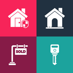 Set pop art House key, Hanging sign with Sold, and under protection icon. Vector.