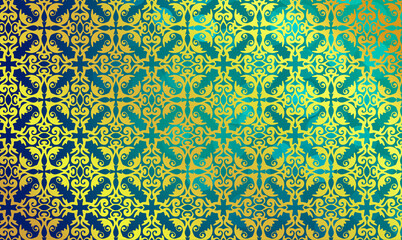 Hintergrund Vorlage Template Muster Struktur floral Ornament in Gold glänzend auf türkis irisierend Mitte hell Schönheit Tapete barock rokkoko Jugendstil victorianisch Karo Raute edel Stoff