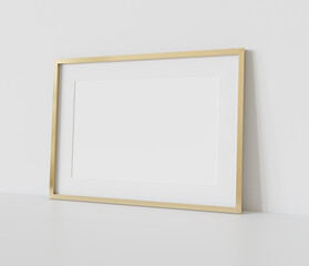 Golden frame leaning on white floor in interior mockup. Template of a picture framed on a wall 3D rendering