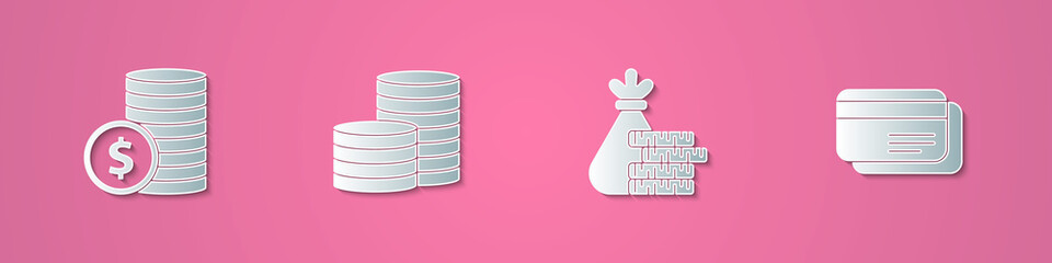 Set paper cut Coin money with dollar, , Money bag and coin and Credit card icon. Paper art style. Vector.