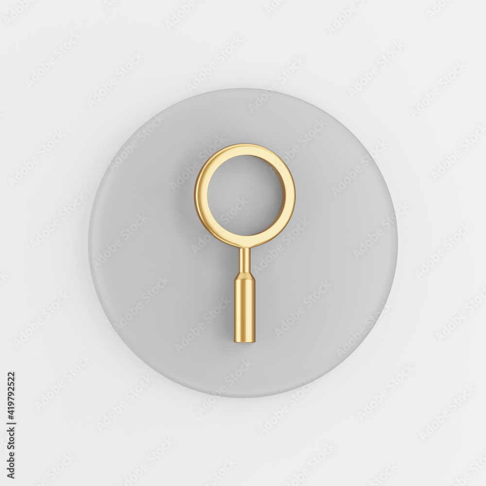 Poster golden magnifier icon in cartoon style. 3d rendering gray round button key, interface ui ux element.