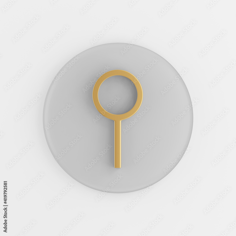 Poster golden magnifier icon in flat style. 3d rendering gray round button key, interface ui ux element.
