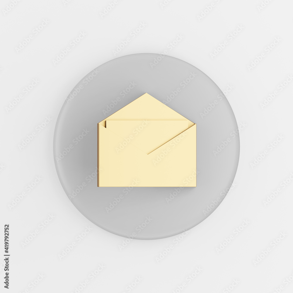 Poster gold open e-mail icon in flat style. 3d rendering gray round button key, interface ui ux element.