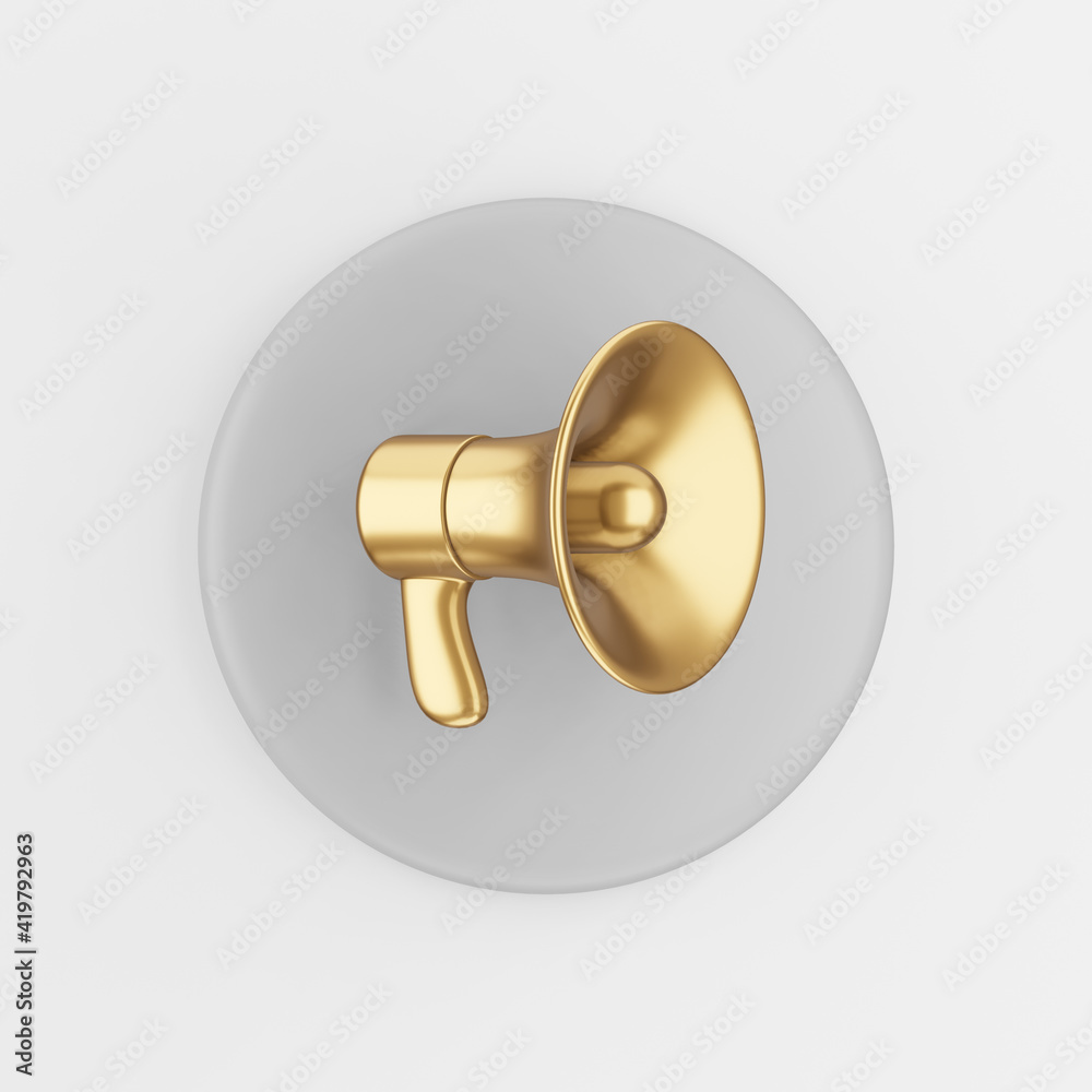 Poster golden megaphone icon in cartoon style. 3d rendering gray round button key, interface ui ux element.