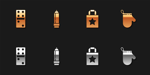 Set Domino, Pencil with eraser, Paper shopping bag and Oven glove icon. Vector.