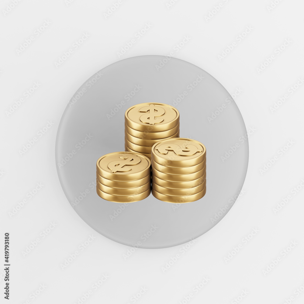 Poster gold folded coins icon in cartoon style. 3d rendering gray round button key, interface ui ux element