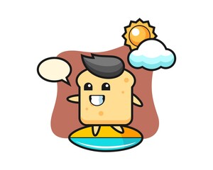 Illustration of bread cartoon do surfing on the beach