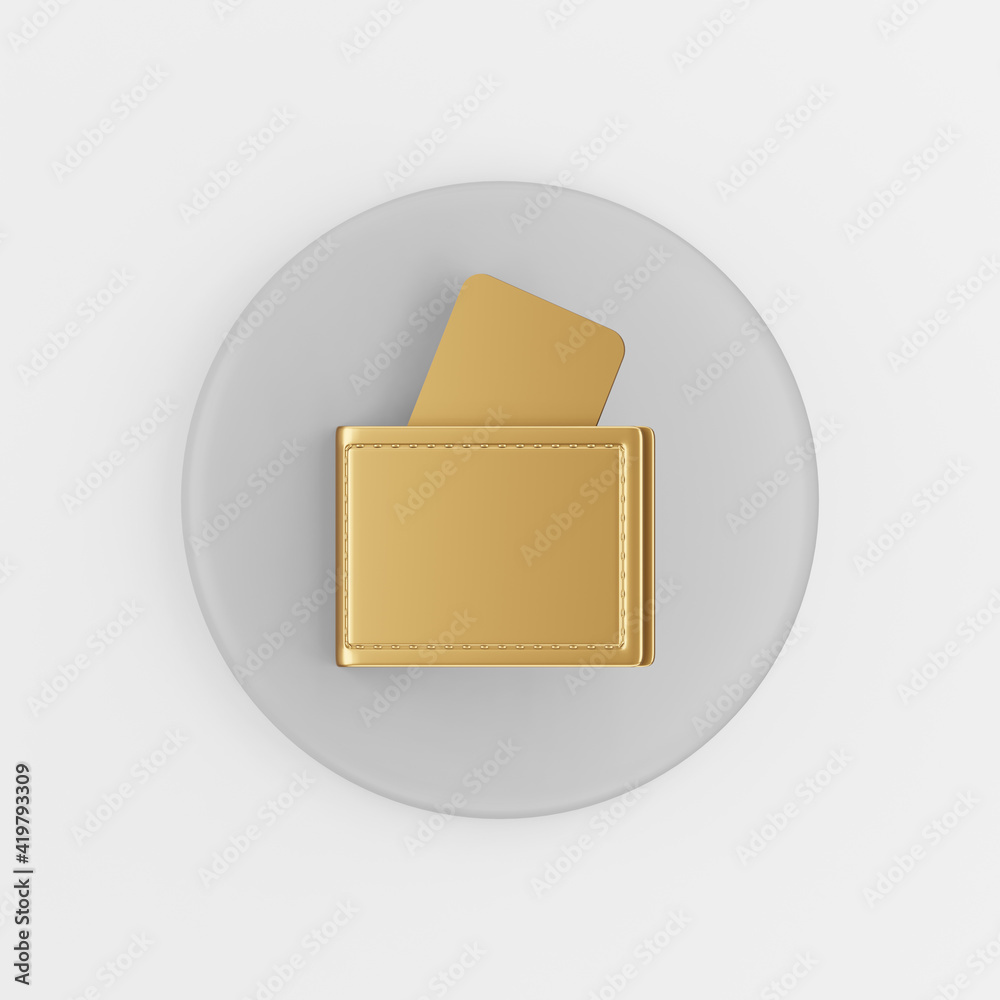 Poster gold wallet icon with bank cards. 3d rendering gray round button key, interface ui ux element.