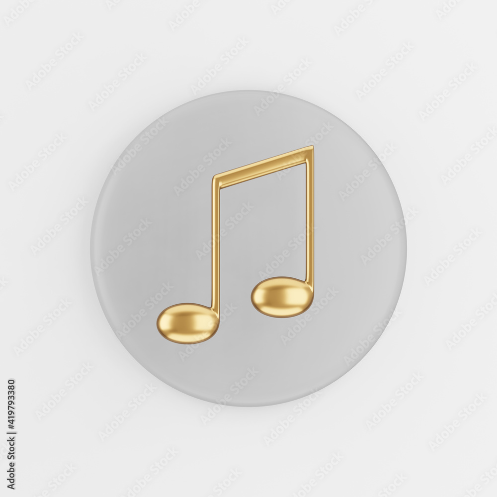 Poster gold musical note icon in cartoon style. 3d rendering gray round button key, interface ui ux element