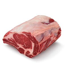 Close-up view of fresh raw Ribeye Roast Bone In Ribs cut in isolated white background