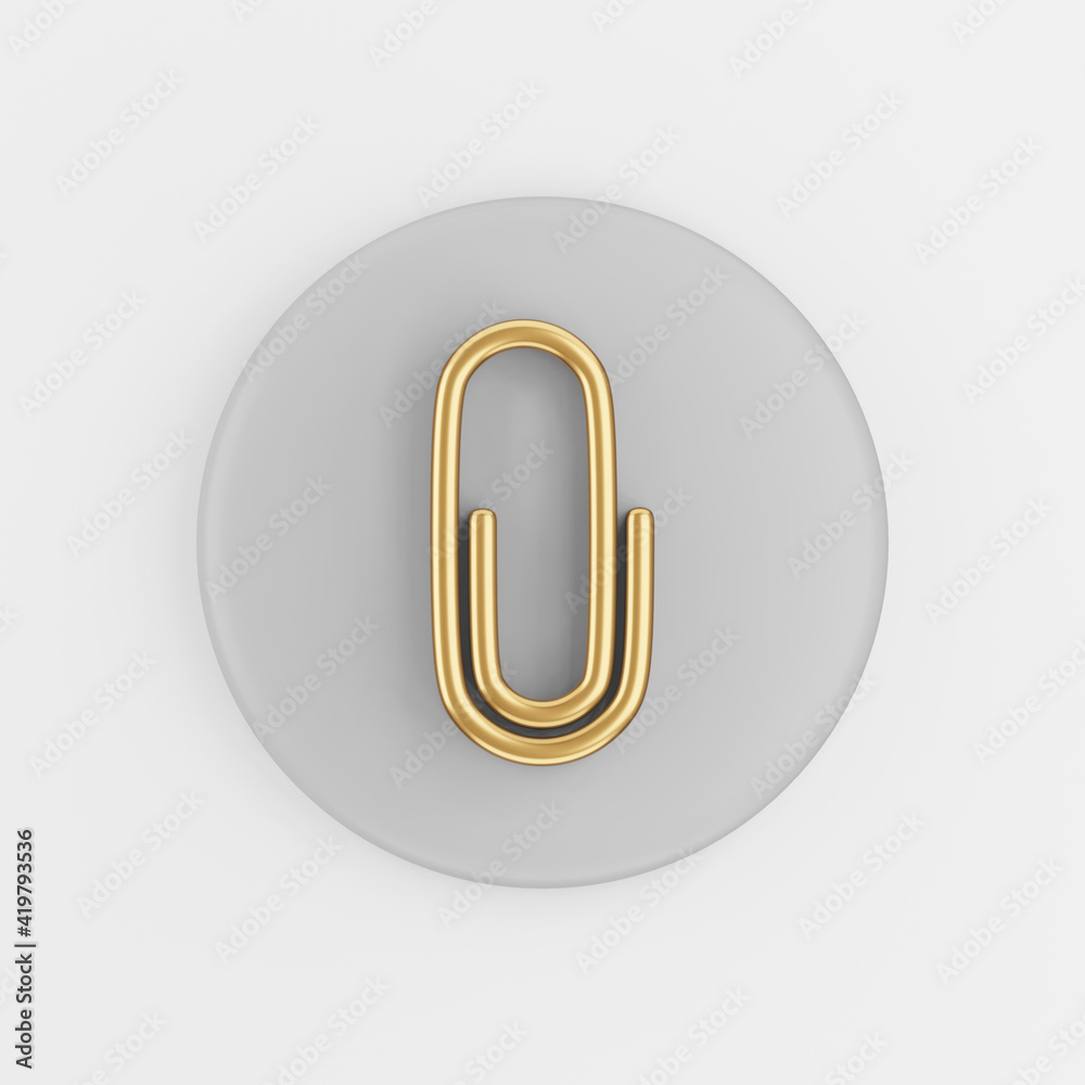 Poster gold paper clip icon. 3d rendering gray round button key, interface ui ux element.