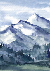 Mountains landscape, hand drawing watercolor background drawn 