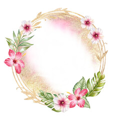 Tropical Gold Frame, floral ring with flowers, pink hibiscus, banana leaves. Green Banana Leaves. Watercolor. Illustration. Template. Greeting card design.