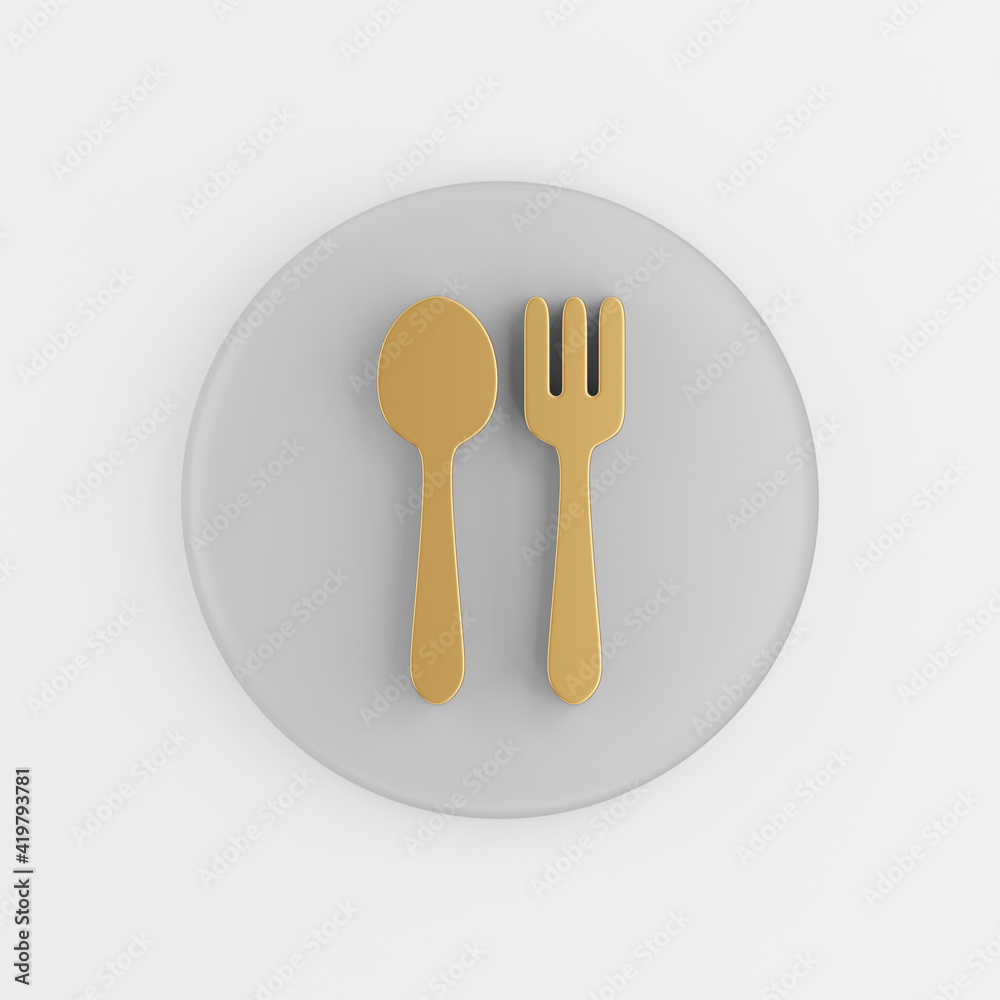 Poster golden fork and spoon icon in flat style. 3d rendering gray round button key, interface ux ui elemen