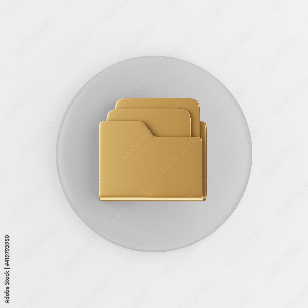 Poster gold folder icon with documents in flat style. 3d rendering gray round button key, interface ui ux e