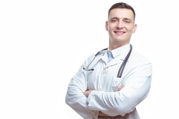 Medical Concepts. Portrait of Smiling Professional Mature GP Doctor Posing in Doctor's Smock With Endoscope and Folded Hands on White Background.