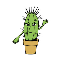 Stylish smiling cactus on white background. Doodle style. Vector image.