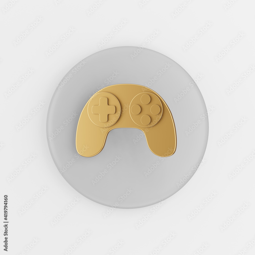 Poster gold joystick icon in flat style. 3d rendering gray round button key, interface ui ux element.
