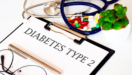 DIABETES TYPE2 text and Background of Medicaments, Stethoscope