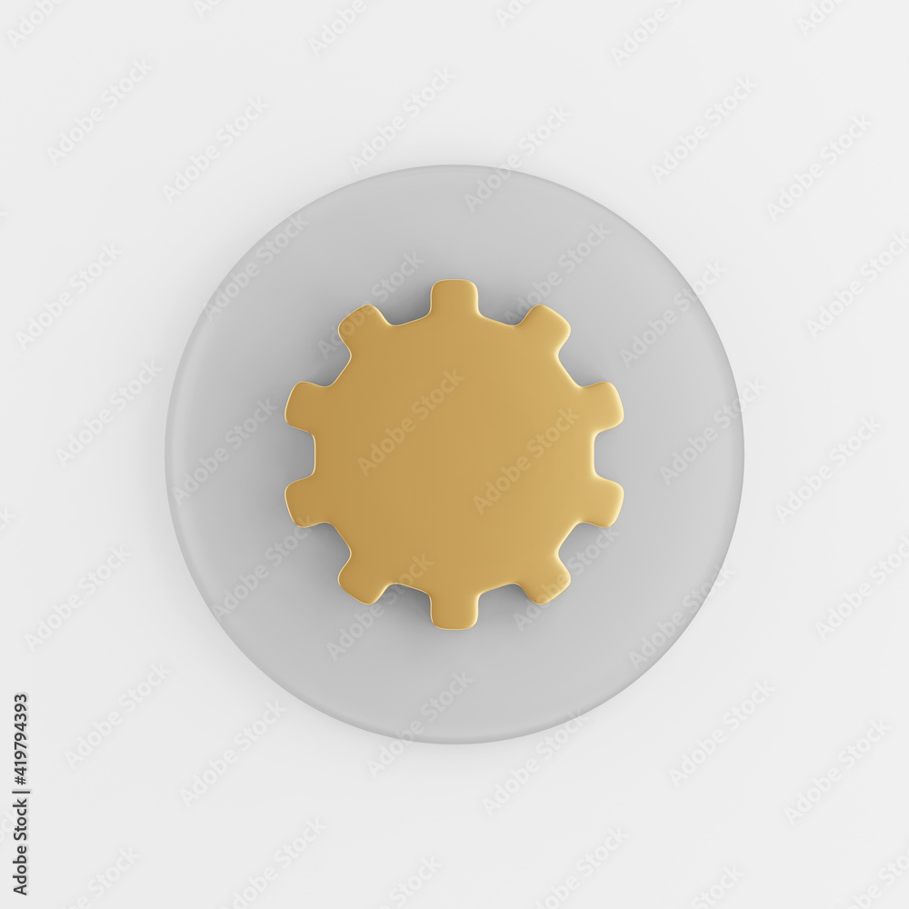 Poster gold gear icon in flat style. 3d rendering gray round button key, interface ui ux element.