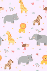 Seamless pattern with cute savanna animals. Vector graphics.