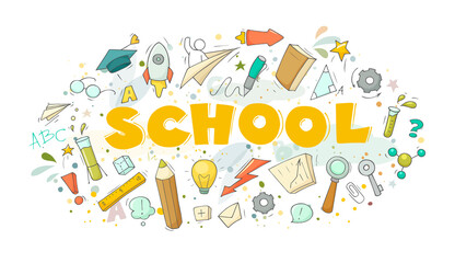 Cartoon illustration with word School.