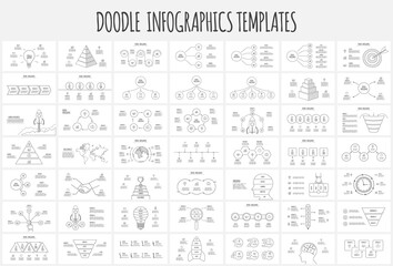 Doodle infographic bundle with funnel, rocket, earth, circles, pyramid, goal, circles and other abstract elements. Hand drawn icons. Thin line illustration © abert84