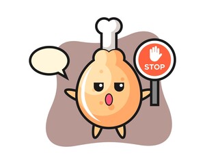 Fried chicken character illustration holding a stop sign