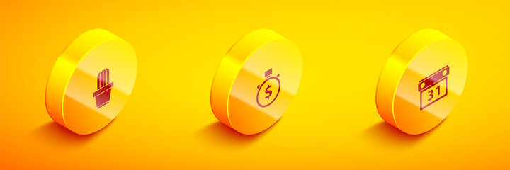 Set Isometric Cactus and succulent in pot, Time is money and Calendar icon. Vector.