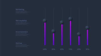 Dark neumorphic column chart infographic. Skeuomorph concept with 6 options, parts, steps or processes
