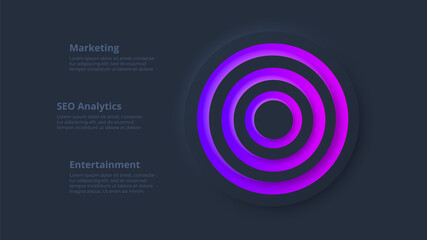 Dark neumorphic circle elements for infographic. Template for diagram, graph, presentation and chart. Skeuomorph concept