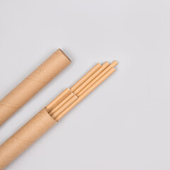 Mockup image of paper straws packed in kraft paper tube or container with green leaves around it, on light gray background with copyspace. Sustainable lifestyle and zero waste concept. Selective focus